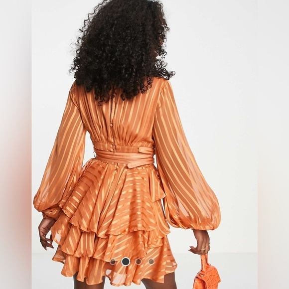 Layered orange satin minidress plunge button front tiered skirt belted waist - Picture 6 of 9